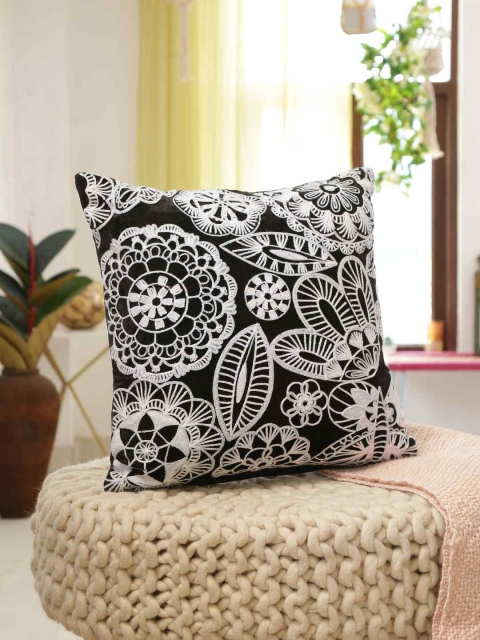 

Amoliconcepts Beige & White Embroidered Velvet Square Cushion Cover
