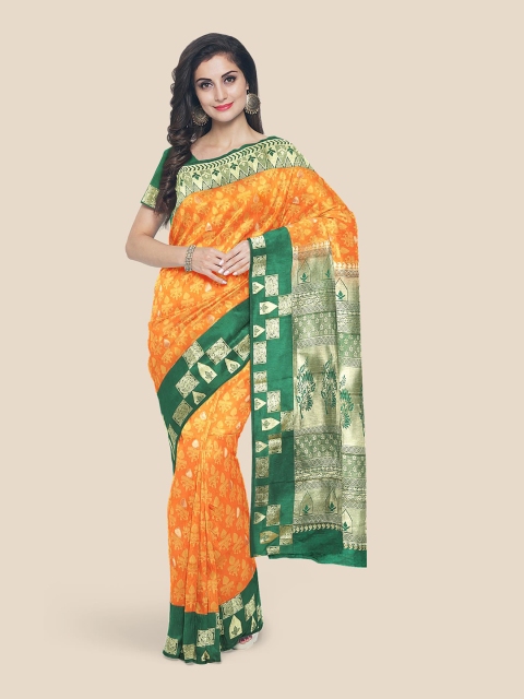 

Kalamandir Orange & Green Ethnic Motifs Zari Silk Blend Kanjeevaram Saree