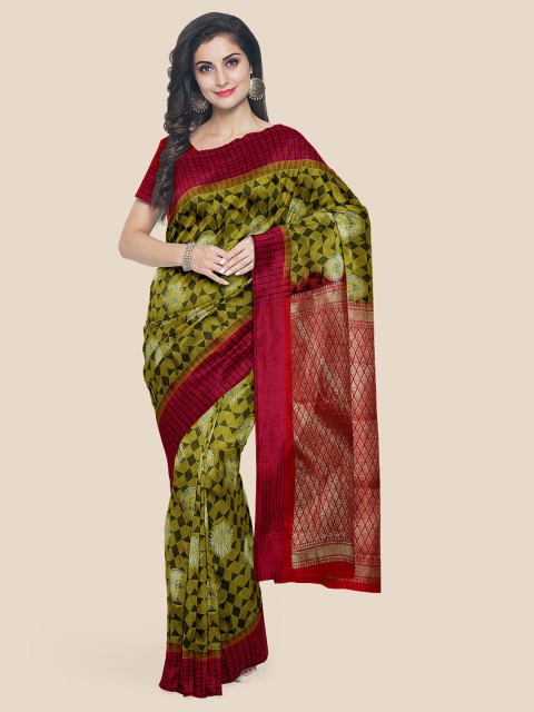 

KLM Fashion Mall Olive Woven Design Silk Blend Kanjeevaram Saree