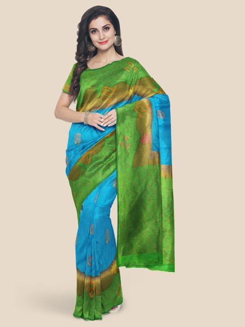 

Kalamandir Blue & Green Ethnic Motifs Silk Blend Banarasi Saree