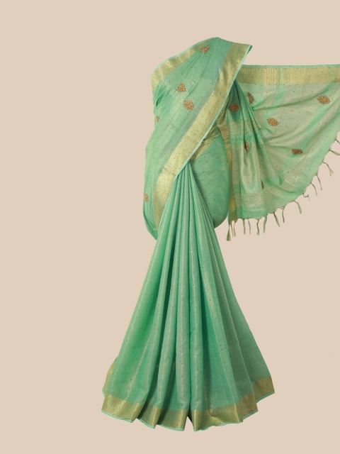 

Pothys Green & Gold-Toned Floral Linen Blend Saree