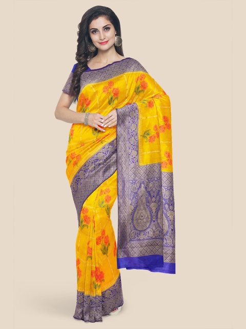 

Kalamandir Yellow & Blue Floral Zari Silk Blend Banarasi Saree