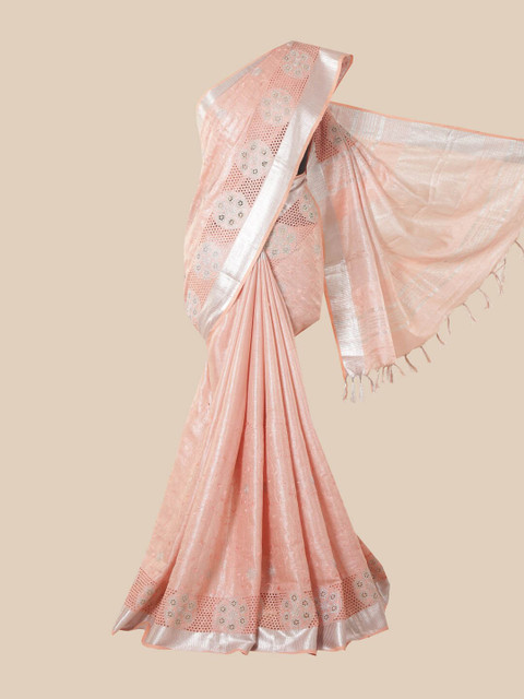 

Pothys Pink & Silver-Toned Floral Schiffli Linen Blend Saree