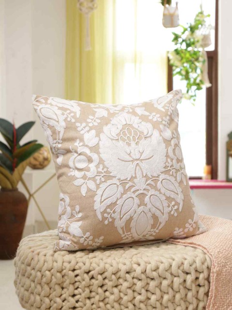 

Amoliconcepts Beige & White Embroidered Square Cushion Cover