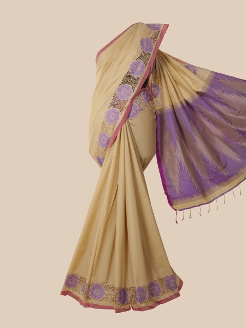 

Pothys Cream-Coloured & Purple Embroidered Jute Silk Saree