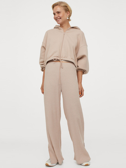 

H&M Women Beige Solid Ribbed Trousers