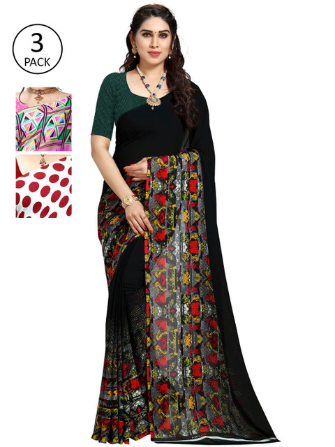 

KALINI Pack of 3 Poly Georgette Saree, Red