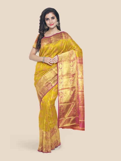 

Kalamandir Mustard & Pink Ethnic Motifs Zari Silk Blend Kanjeevaram Saree