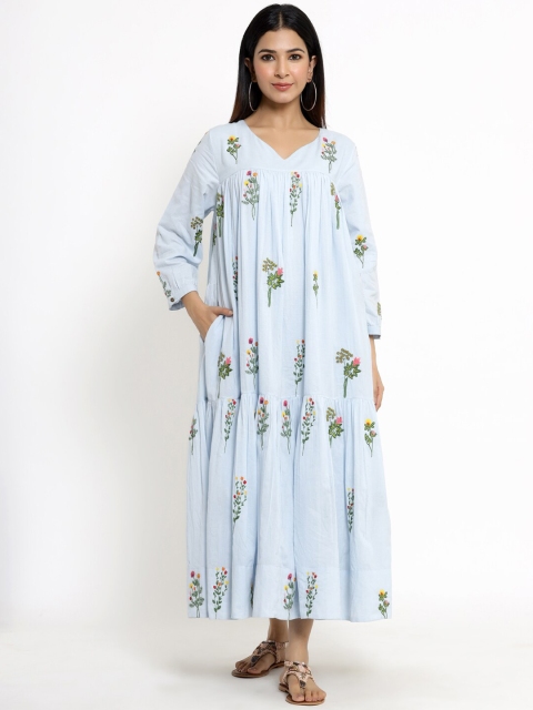 

VRISA Blue Floral Embroidered Maxi Dress