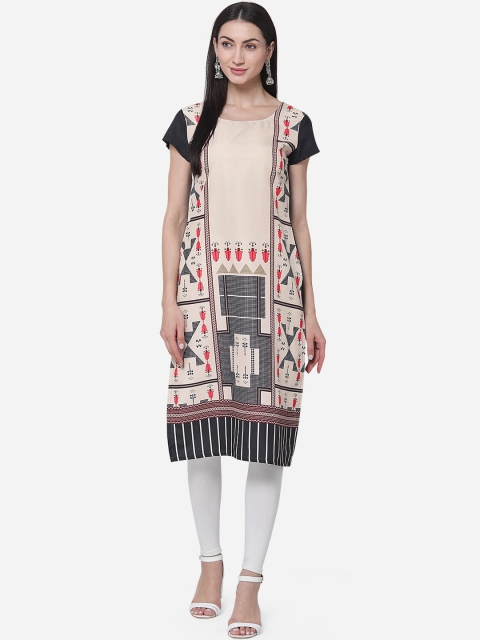 

Kvsfab Women Cream & Black Geometric Printed Crepe Kurta