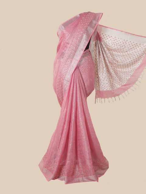 

Pothys Pink & Silver-Toned Embellished Beads and Stones Linen Blend Saree