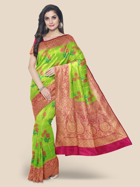 

Kalamandir Lime Green & Pink Floral Silk Blend Banarasi Saree