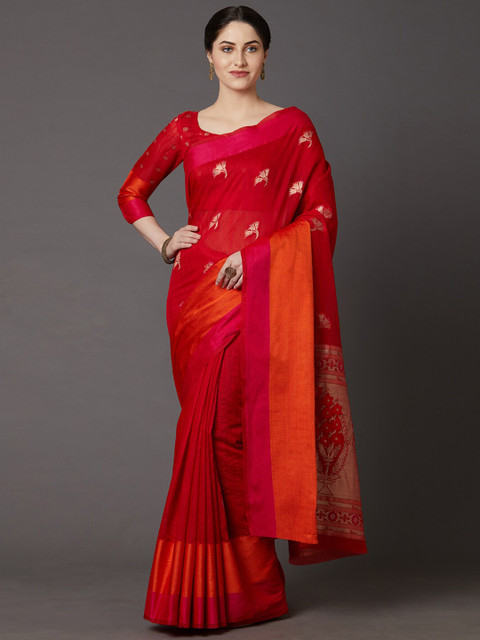 

Mitera Maroon & Gold-Toned Floral Silk Blend Dharmavaram Saree