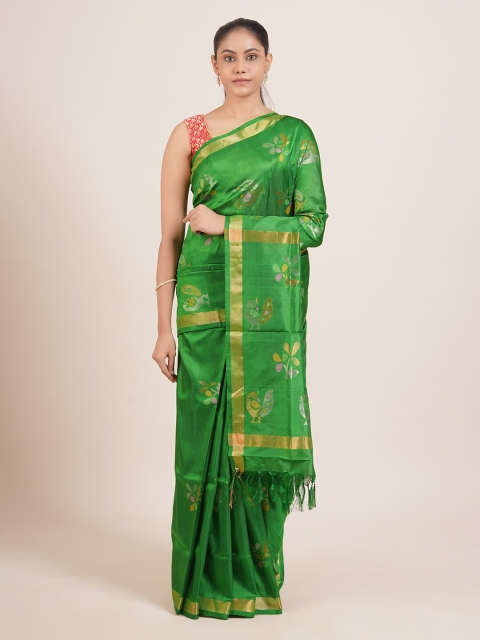 

Pothys Green & Gold-Toned Floral Zari Pure Silk Uppada Saree