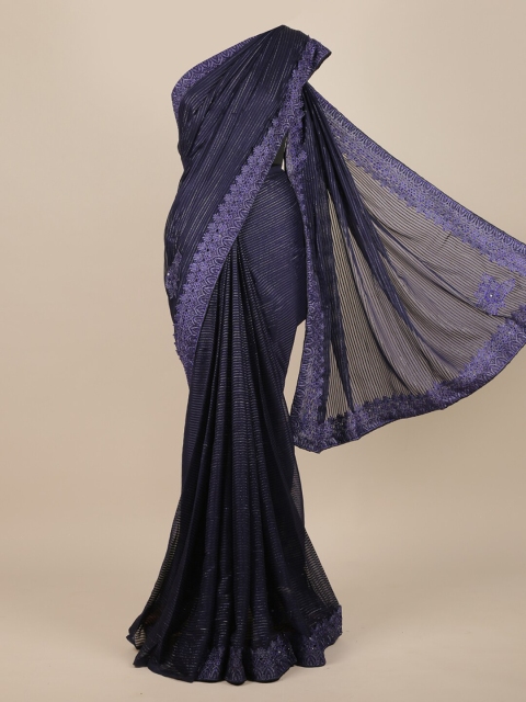 

Pothys Navy Blue Striped Poly Chiffon Saree