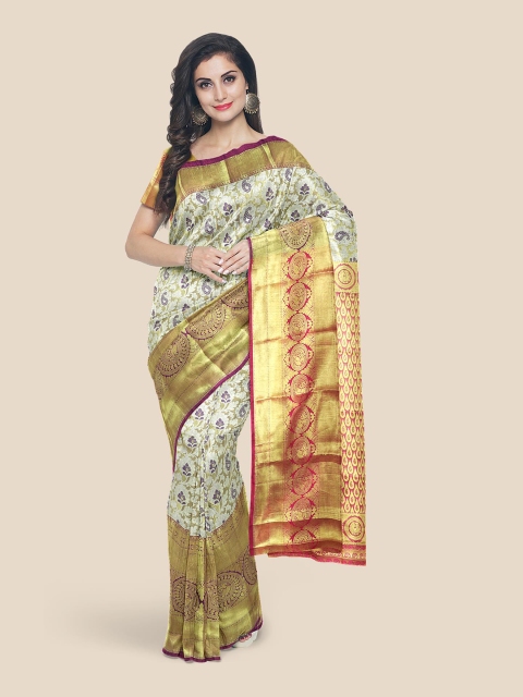 

Kalamandir Purple & Off White Ethnic Motifs Silk Blend Kanjeevaram Saree
