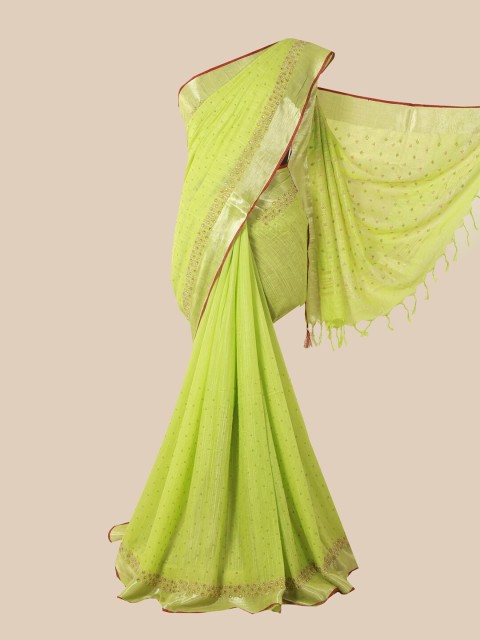 

Pothys Green & Brown Embellished Linen Blend Saree
