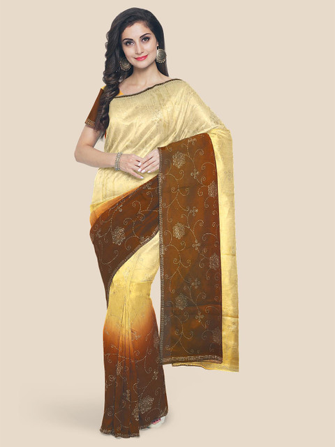 

KLM Fashion Mall Cream & Brown Embellished Silk Blend Saree