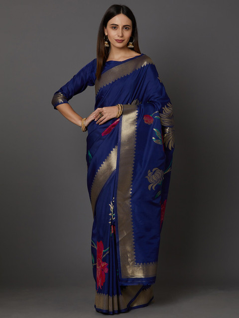 

Mitera Navy Blue & Pink Woven Design Silk Blend Banarasi Saree