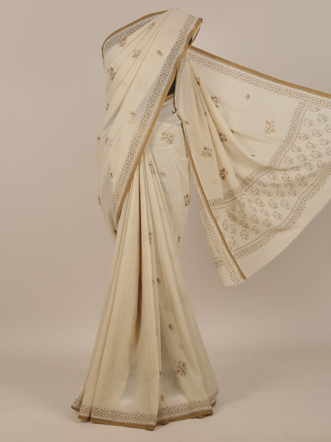 

Pothys Cream & Mustard Brown Floral Embroidered Saree