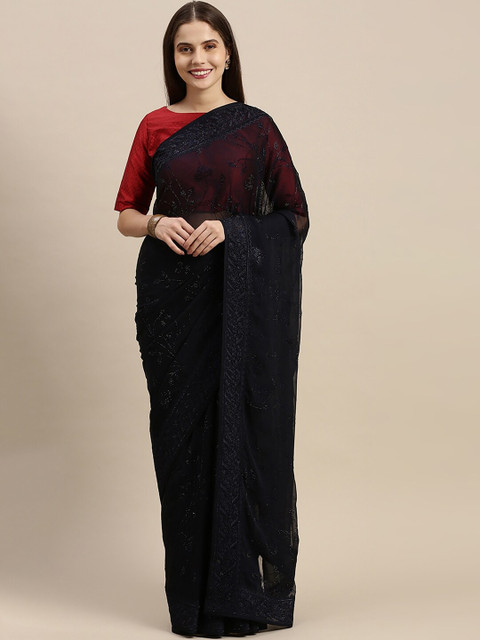 

Soch Navy Blue Floral Embroidered Pure Chiffon Saree