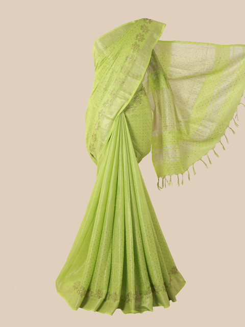 

Pothys Lime Green Embellished Beads and Stones Linen Blend Heavy Work Saree