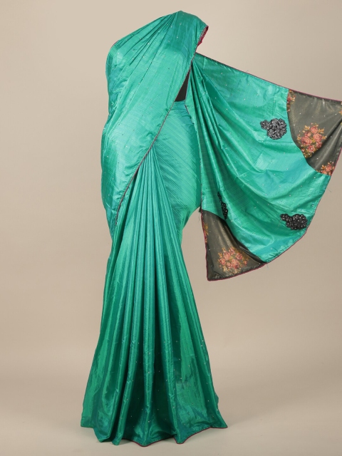 

Pothys Sea Green & Pink Embellished Jute Silk Saree
