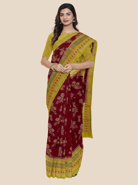

Kalamandir Maroon & Lime Green Floral Zari Silk Blend Banarasi Saree
