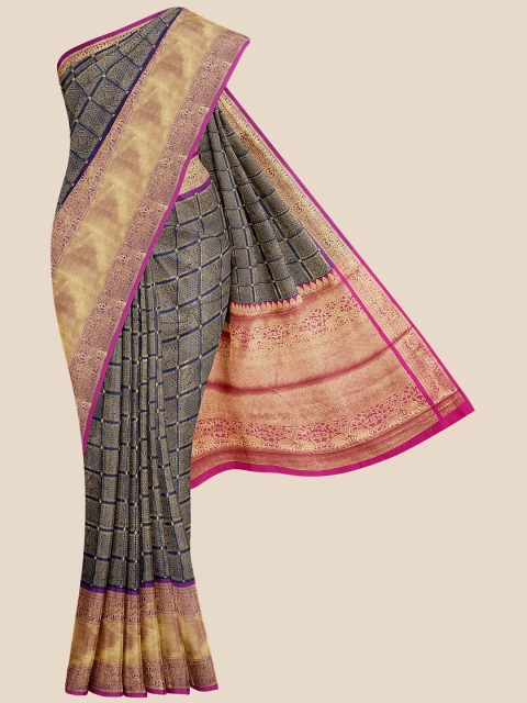 

Kalamandir Navy Blue & Magenta Ethnic Motifs Zari Silk Blend Banarasi Saree