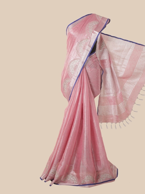 

Pothys Pink & Blue Embellished Beads and Stones Linen Blend Saree