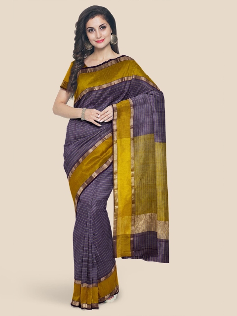 

Kalamandir Violet & Gold-Toned Striped Zari Pure Cotton Mangalagiri Saree