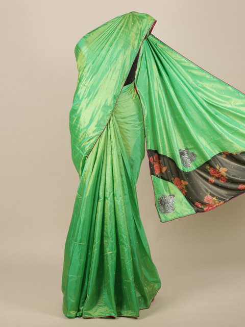

Pothys Green & Pink Embellished Beads and Stones Jute Silk Saree