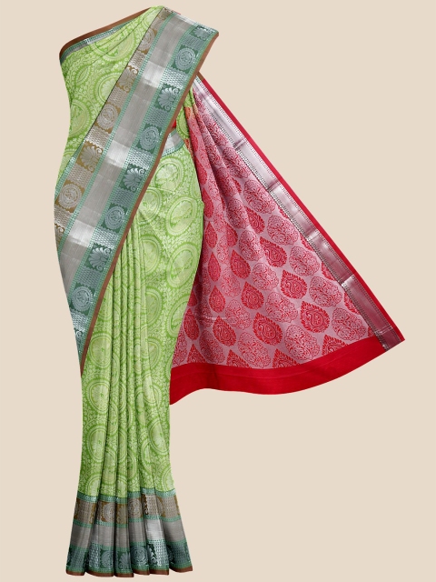

Kalamandir Lime Green & Red Woven Design Silk Blend Kanjeevaram Saree