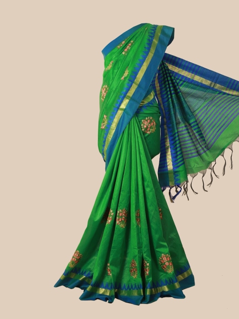 

Pothys Green & Blue Floral Embroidered Jute Silk Saree