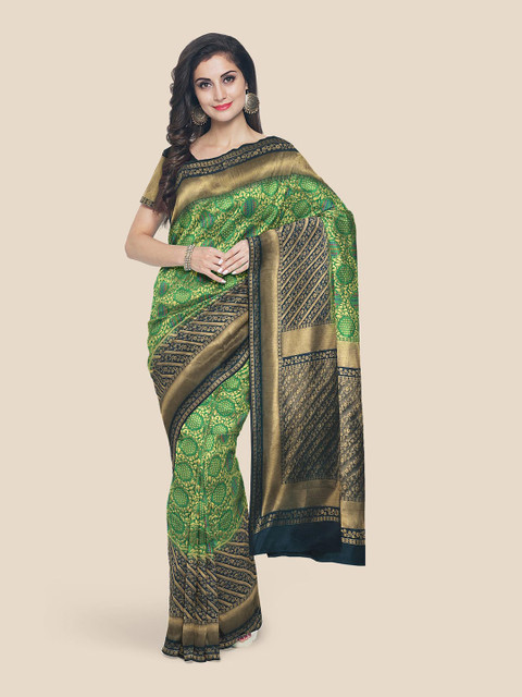 

Kalamandir Green & Navy Blue Woven Design Zari Silk Blend Banarasi Saree