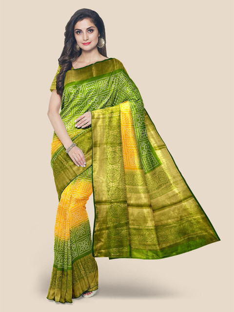 

Kalamandir Yellow & Green Bandhani Silk Blend Banarasi Saree