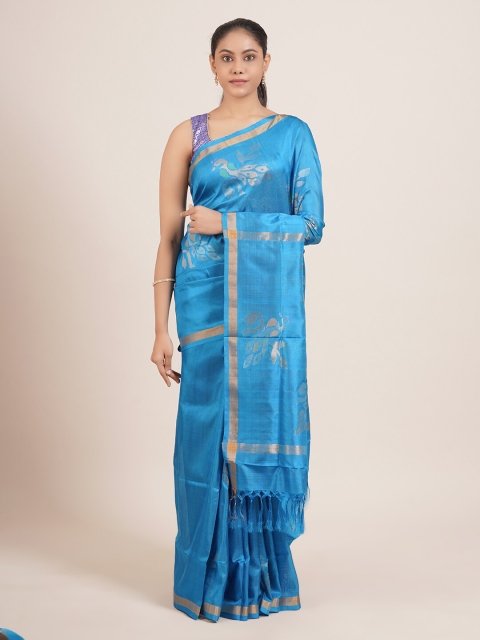 

Pothys Blue & Gold-Toned Woven Design Zari Pure Silk Uppada Saree
