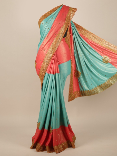 

Pothys Green & Peach-Coloured Embellished Satin Saree