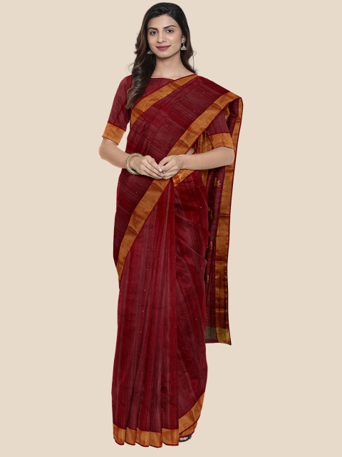 

KLM Fashion Mall Maroon Striped Zari Chanderi Saree