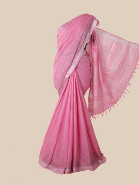 

Pothys Pink & Silver-Toned Beads and Stones Linen Blend Saree