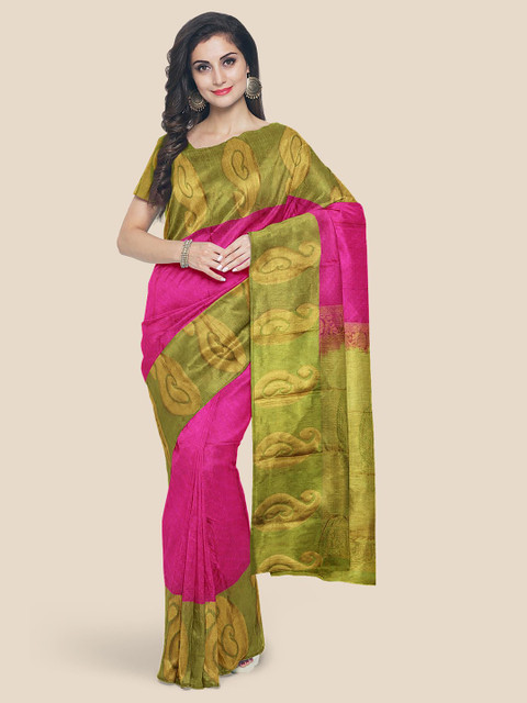 

Kalamandir Pink & Olive Green Silk Blend Kanjeevaram Saree