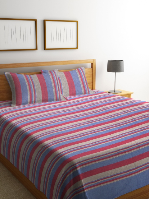 

NEUDIS Maroon & Blue Striped Cotton King Bedsheet with 2 Pillow Covers