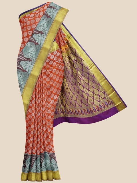 

Kalamandir Orange & Purple Woven Design Zari Silk Blend Kanjeevaram Saree