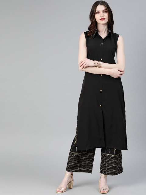 

ZIYAA Women Black Solid Straight Sleeveless Crepe Kurta