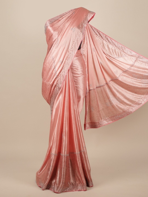

Pothys Pink & Silver-Toned Embellished Beads and Stones Satin Saree