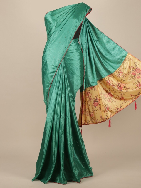 

Pothys Sea Green & Silver-Toned Embellished Beads and Stones Jute Silk Saree