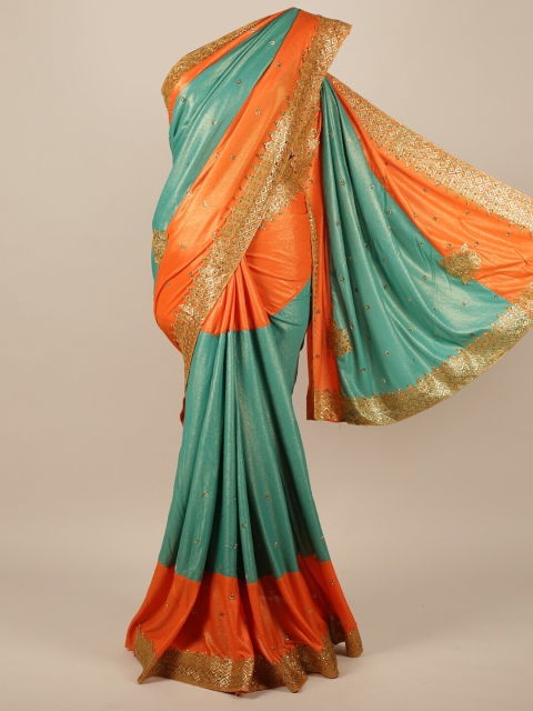 

Pothys Green & Orange Colourblocked Beads and Stones Satin Saree