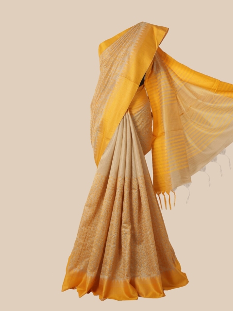 

Pothys Cream & Mustard Ethnic Motifs Zari Jute Silk Heavy Work Saree