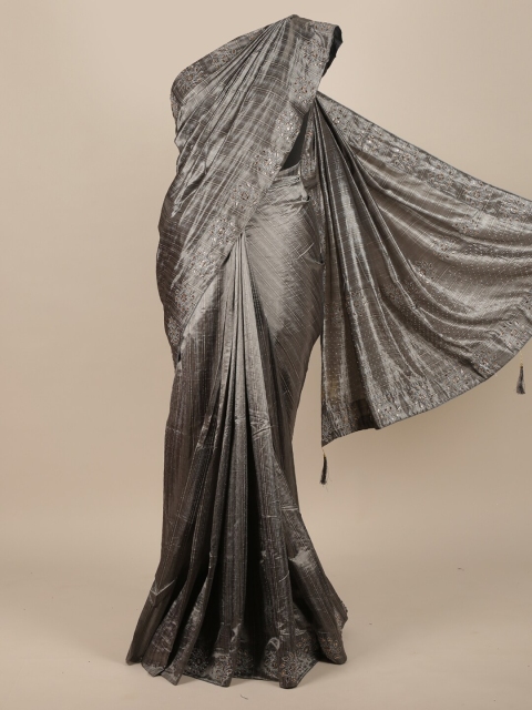 

Pothys Grey & Silver-Toned Striped Jute Silk Saree