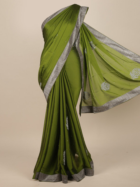 

Pothys Green & Silver-Toned Embellished Poly Chiffon Saree